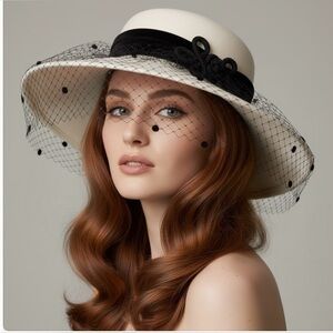 Madame Angelo White Wool Wide Brim Hat w/ Black Veil Bow - Chic Vintage Glam!